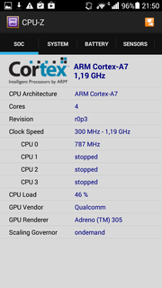 CPU-Z offenbart einen ARM Cortex-A7 Quadcore SoC.