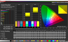 Colorchecker im AdobeRGB-Farbraum: Die Abstimmung auf AdobeRGB ist nur durchschnittlich. Große Abweichungen bei Primärfarben.