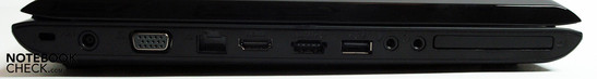 Linke Seite: Kensington, Netzanschluss, VGA, Ethernet, HDMI, USB/eSata Kombi, USB, Audio, Expresscardschacht