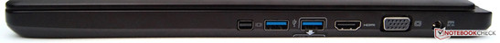 Die Anschlüsse rechts: Displayport, 2x USB 3.0, HDMI, VGA und Netzteilanschluss.