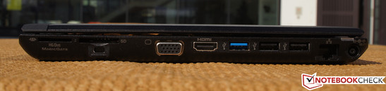 rechts: Memory Stick Reader, SD Card Reader, Kensington Lock, VGA, HDMI, USB 3.0, 2x USB 2.0, RJ-45, AC