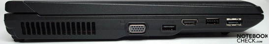 linke Seite, v.l.n.r.: Lüftung, VGA, USB, HDMI, USB, eSata