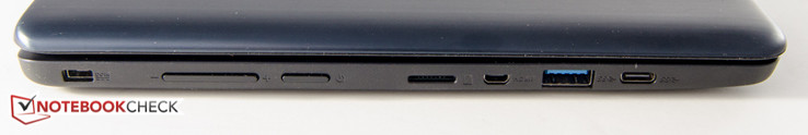 links: Strom, Lautstärke, An/Aus, MicroSD-Karte, Micro-HDMI, USB 3.0, USB 3.1 Typ-C
