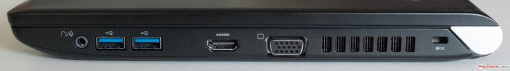 linke Seite: Audio in/out, 2x USB 3.0, HDMI, VGA, Lüfteröffnung, Kensington