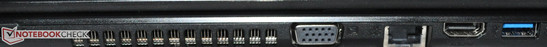 Die linke Seite des Notebooks bietet folgende Anschlüsse: VGA, HDMI, USB 3.0, LAN