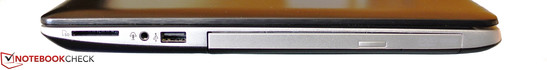 von links: SD-Kartenleser; 3,5-mm-Kopfhörer-Anschluss; USB 2.0; optisches Laufwerk
