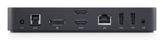 Rückseite: Netzanschluss, USB 3.0 (zum Anschluss eines Rechners), Displayport, 2x HDMI, Gigabit-Ethernet, 2x USB 2.0, Audioausgang (Bild: Dell)