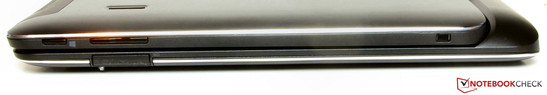 An der rechten Seite des Tablet-Elements befinden sich die Windows-Taste, die Lautstärkewippe und ein Steckplatz für ein Kabelschloss. Am Tastaturdock ist der Speicherkartenleser zu finden.