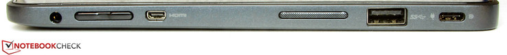 linke Seite: Audiokombo, Lautstärkewippe, MicroHDMI, Lautsprecher, USB 3.0, USB 3.1/Ladeanschluss