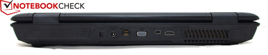 Rückseite: Kensington Lock, DC-in, RJ-45 Gigabit-Lan, VGA, DisplayPort, HDMI 1.4