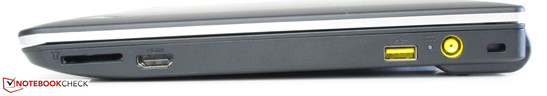 Rechte Seite: Speicherkartenlesegerät (SD, MMC, Memory Stick, Memory Stick Pro), HDMI, USB 2.0, Netzanschluss, Steckplatz für ein Kensington-Schloss