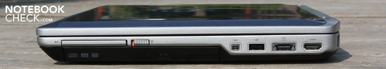 Rechte Seite: ExpressCard54, WLAN-Schalter, DVD-LW, FireWire, USB 2.0, eSATA, HDMI