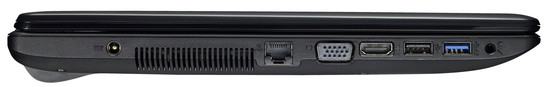 linke Seite: Netzanschluss, Ethernet-Steckplatz, VGA, HDMI, USB 2.0, USB 3.0, Audiokombo (Bild: Asus)