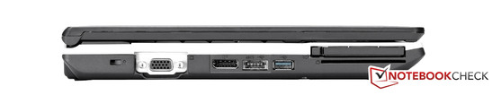linke Seite: Kensington Lock, VGA, Display Port, eSATA-/USB-Combo, USB 3.0, Express Card 54 mm, Smartcard-Reader