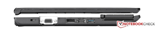 linke Seite: Kensington Lock, VGA, Display Port, eSATA-/USB-Combo, USB 3.0, Express Card 54 mm, Smartcard-Reader