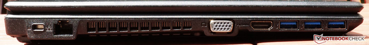 linke Seite: Kensington Lock, Gigabit-Lan, VGA, HDMI, 3x USB 3.0