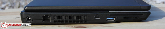 Linke Seite: Netzteil, RJ45 Ethernet, Kensington, USB 3.0, SmartCard-Reader, Speicherkarten-Leser