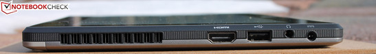 linke Seite: aktiver Lüfter (Auslass), HDMI, USB 2.0, Kopfhörer, AC