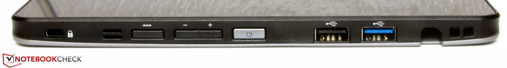 rechte Seite: Steckplatz für ein Kensington Schloss, Taste zum Aufrufen des Fujitsu Funktionsmanagers, Lautstärkeregler, Power Button, USB 2.0, USB 3.0, Steckplatz für einen Stylus Pen (separat erhältlich)