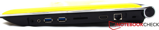 rechte Seite: 1x Mikrofon, 1x Kopfhörer, 2x USB 3.0, 1x SD-Kartenleser, 1x HDMI, 1x LAN, 1x Kensington Lock