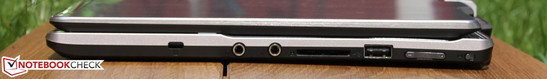 Rechts: Kensington-Lock, Kopfhörer, Mikrofon (metallverstärkt), Kartenleser, USB 2.0, Lautstärke-Wippe, Rotation-Lock