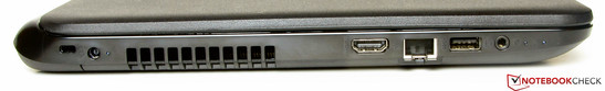 linke Seite: Steckplatz für ein Kensington Schloss, Netzanschluss, HDMI, Ethernet-Steckplatz, USB 3.0, Audiokombo