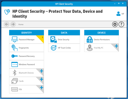 HP Client Security Software, vorinstalliert auf dem Folio G1.