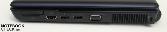 HP Compaq 2230s Rechte Seite: ExpressCard/34, Kartenleser (SD, MMC), 2x USB, VGA, Lüfter, Kensington Lock
