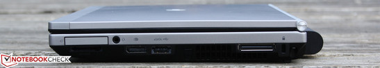 Rechte Seite: ExpressCard34, Kartenleser, Audio/Mic Kombi, DisplayPort, eSATA/USB 2.0 Kombi, DockingPort, Kensington