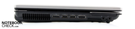 Linke Seite: DisplayPort, 2xUSB 2.0, eSATA/USB-Kombi, Mikrofon, Line-Out