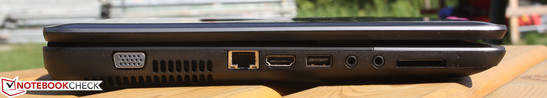 linke Seite: VGA, RJ-45, HDMI, USB, 2 x Audio, Kartenleser, Status-LED HDD/Akku