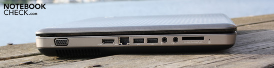 Linke Seite: VGA, HDMI, Ethernet, 2 x USB 2.0, Mikrofon, Kopfhörer, CardReader