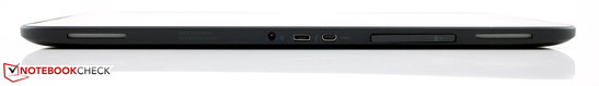 unten: AC, Micro-USB, Micro-HDMI, Micro-SD-Kartenleser (unter Klappe)