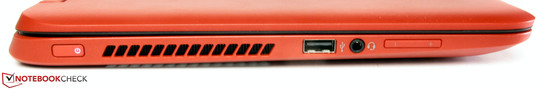 Linke Seite: Powerbutton, USB 2.0, Audiokombo, Lautstärkewippe