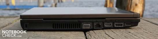 Linke Seite: Kensington, VGA, Ethernet-LAN, HDMI, eSATA/USB 2.0 Kombi, USB 2.0m ExpressCard34