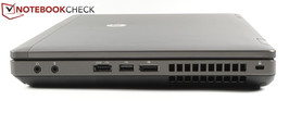 rechte Seite: 2x Audio (Kopfhörer, Mikro), eSATA/USB 2.0, USB 2.0, DisplayPort, Abluftausgang, Kensington Lock
