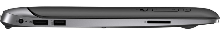 Linke Seite - Dock: Netzanschluss, Displayport, USB 3.0, Speicherkartenleser. Linke Seite - Tablet: Powerbutton, Lautstärkewippe, Autorotation an/aus