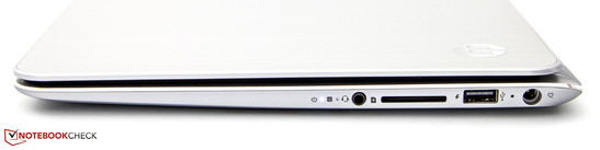 rechte Seite: Status-LEDs, Audio, Kartenleser, USB 2.0, Strom