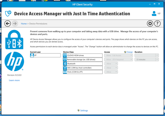 HP Drive Access Manager mit Authentifizierungsmöglichkeiten für externe und Netzwerkgeräte.