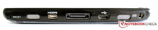 Reset-Knopf, Micro-HDMI, Anschluss für eine Docking-Station, Micro-USB, Power