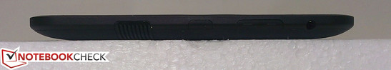 rechte Seite: Stromanschluss, Lautstärkeregler, 3,5-mm-Audio