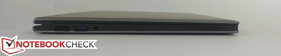 linke Seite: HDMI-Ausgang, 1x USB 3.0, 3,5-mm-Headset, Mikrofon, Lautstärkeregler