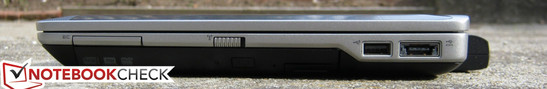 Rechte Seite: ExpressCard/34, E-Modular Schacht, Wi-Fi switch, USB 2.0, USB 2.0/eSATA