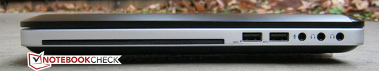 linke Seite: Slot-in-DVD LW, 2x USB 3.0 (1x always-on), 3.5-mm-Mikrofon, 2x 3.5-mm-Kopfhörer