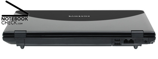 Rückseite: Akku, 2x USB-2.0, Modem, LAN, Netzanschluss