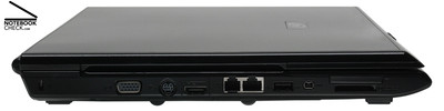 Linke Seite: Kensington Lock, VGA, S-Video Out, HDMI, Modem, LAN, 1x USB-2.0, Firewire, Kartenleser, ExpressCard