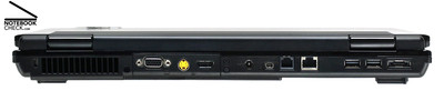 Rückseite: Kensington Lock, Lüftungsschlitze, VGA, S-Video Out, HDMI, Netzanschluss, Firewire, Modem, Gigabit-LAN, 2x USB-2.0, eSATA