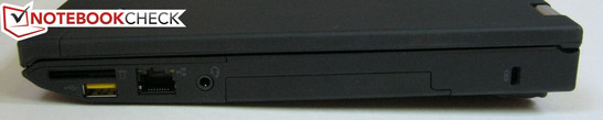 Rechte Seite: 4-in-1 SD Kartenleser, powered USB 2.0, Gigabit RJ-45, 3.5mm Kombi-Audioanschluss, 2.5-Zoll Laufwerkscaddy, Kensington Lock