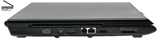 One C6537 linke Seite: Kensington Lock, VGA, S-Video Out, HDMI, Modem, LAN, 1x USB-2.0, Firewire, Kartenleser, ExpressCard