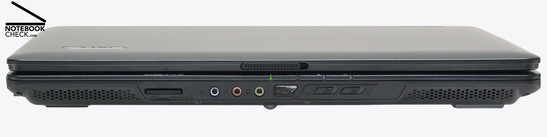 Extensa 5220 Vorderseite: Stereolautsprecher, Kartenleser, Line-In, Mikrofon, Kopfhörer, Status-LEDs, Infrarot, Bluetooth-Schalter, WLAN-Schalter